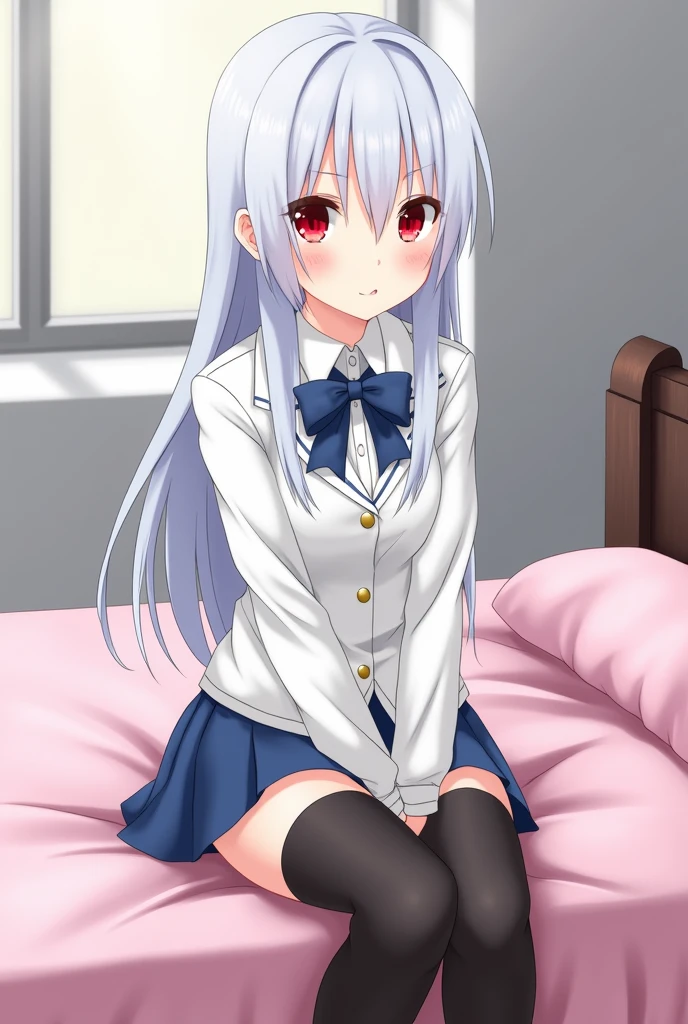 an anime girl, white skin with straight white hair down to the waist, with red eyes, in a school uniform consisting of a white shirt and on top of that a white jacket with gold fastened leaving the top two buttons undone and a blue bow tied around the collar of the shirt, black thigh high stockings ,a blue skirt, Brown shoes, with a shy smile, sitting on her bed with pink sheets ,the grey back wall and a window .