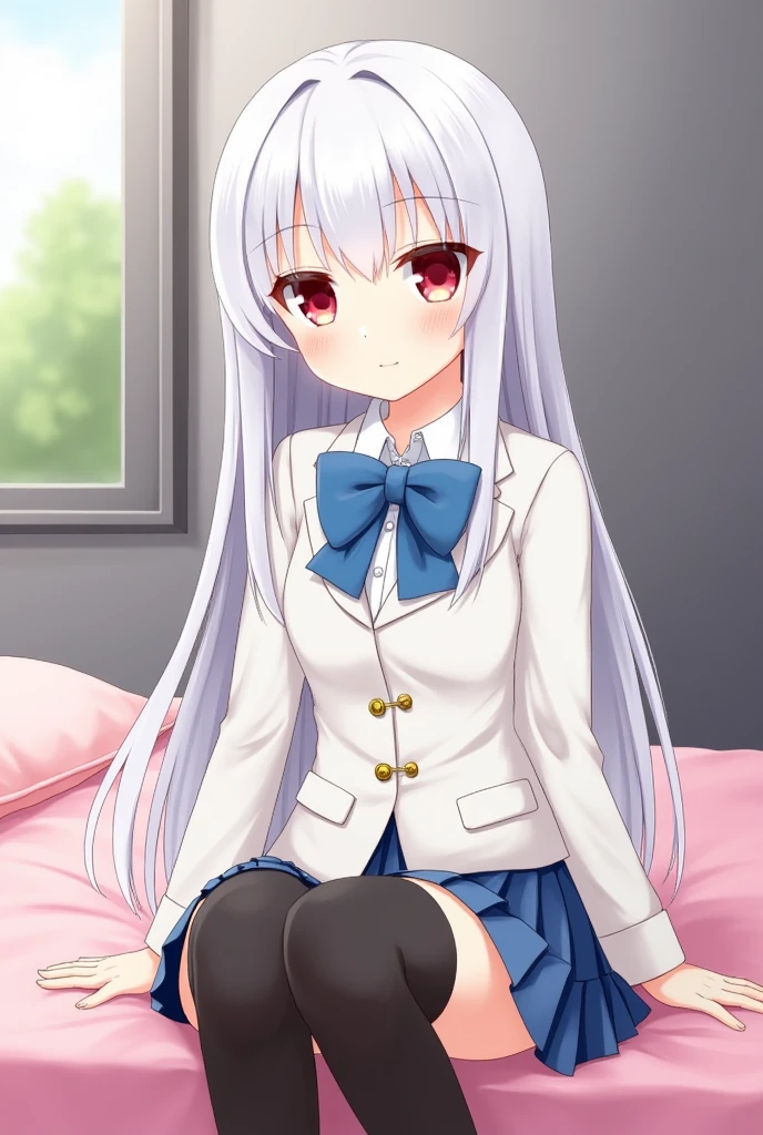 an anime girl, white skin with straight white hair down to the waist, with red eyes, in a school uniform consisting of a white shirt and on top of that a white jacket with gold fastened leaving the top two buttons undone and a blue bow tied around the collar of the shirt, black thigh high stockings ,a blue skirt, Brown shoes, with a shy smile, sitting on her bed with pink sheets ,the grey back wall and a window .