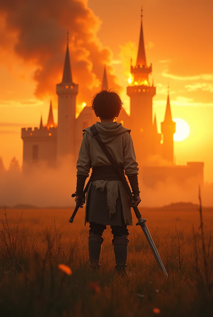 Can you show me a fire day in a field with a Torn clothes and a sword with his back to us And in the background is a castle a white one That is just burning