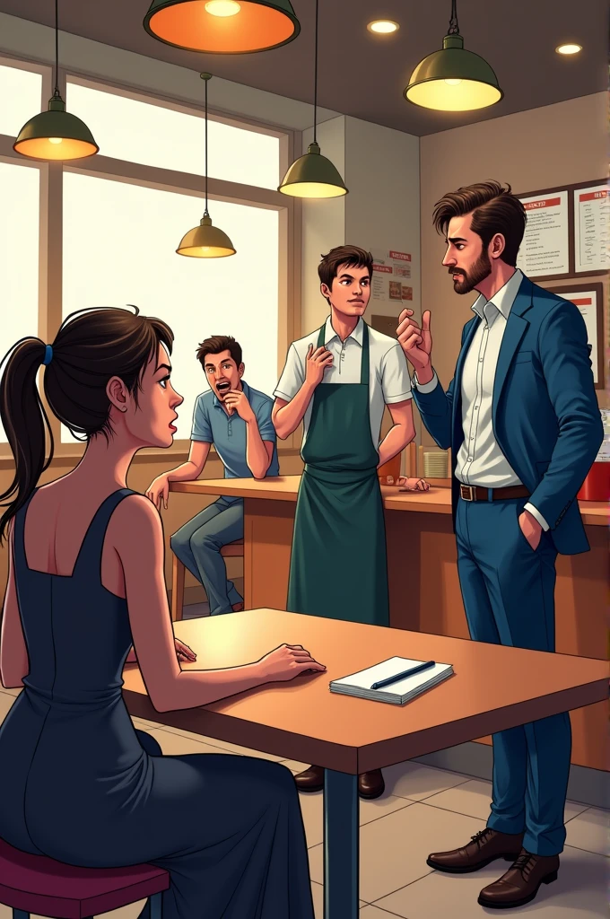 infront there's a women customer wearing dress sitting in restaurant holding a plate complaining angry to a waiter wearing apron in the back of them there's a cashier wearing white polo and a apron and a men customer complaining angry in the cashier staff and beside them there's a customer complaining to a manager wearing suit of blue, they are all see in the picture no smiling, white shot not too close the picture