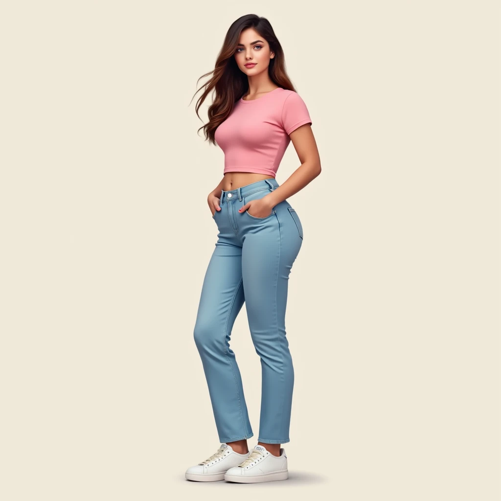  Image captured with a Sony α7 III camera, full body shot, an narrow waist, wide hips, and a full bust. The proportions are highly stylized, with a sharp contrast between the tiny waist and the expansive curves of the hips and chest, young European woman early 20's, straight jeans in light Blue color, fitted waist tee in pink color, standing, white shoes, creamy white background standing straight on the camera.