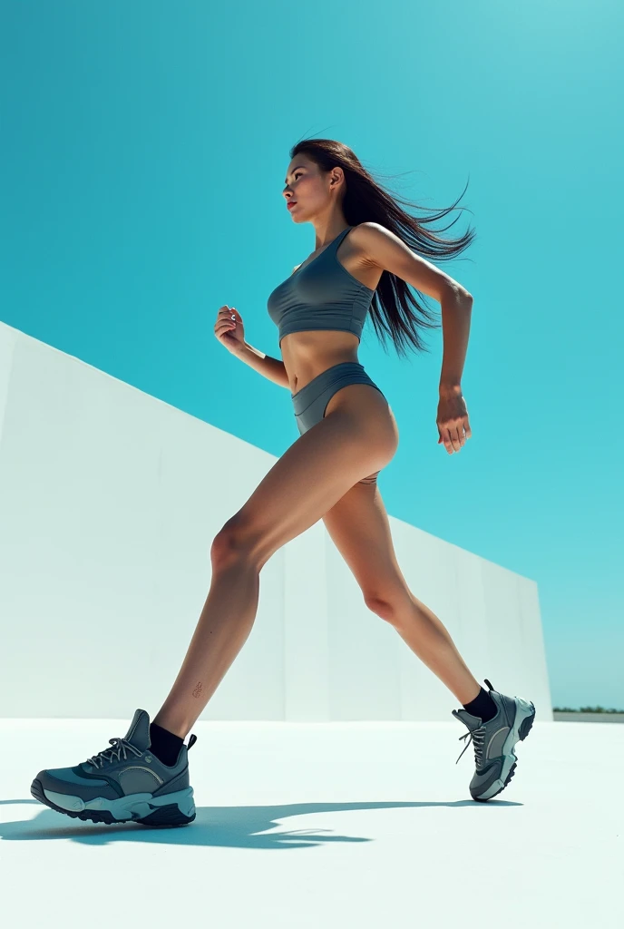 FEMALE MODEL
WEARING FUTURIST SHOES AND RUNNING OUTDOOR, MODERN PHOTOGRAPHY, full clothing,CLEAN BLUE SKY IN THE BACKGROUND.--V 6.01