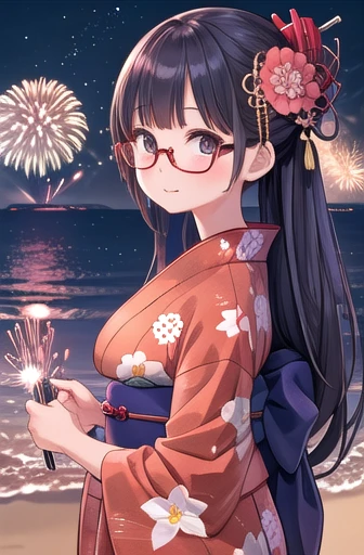 movieのような写真,
One person, At the Beach, Fireworks in the night sky,
ftb, Long Hair, Side Lock, Large Breasts, Glasses,
kimono, yukata,,
35mm Photography, movie, Bokeh, Professional, 4K, Very detailed,