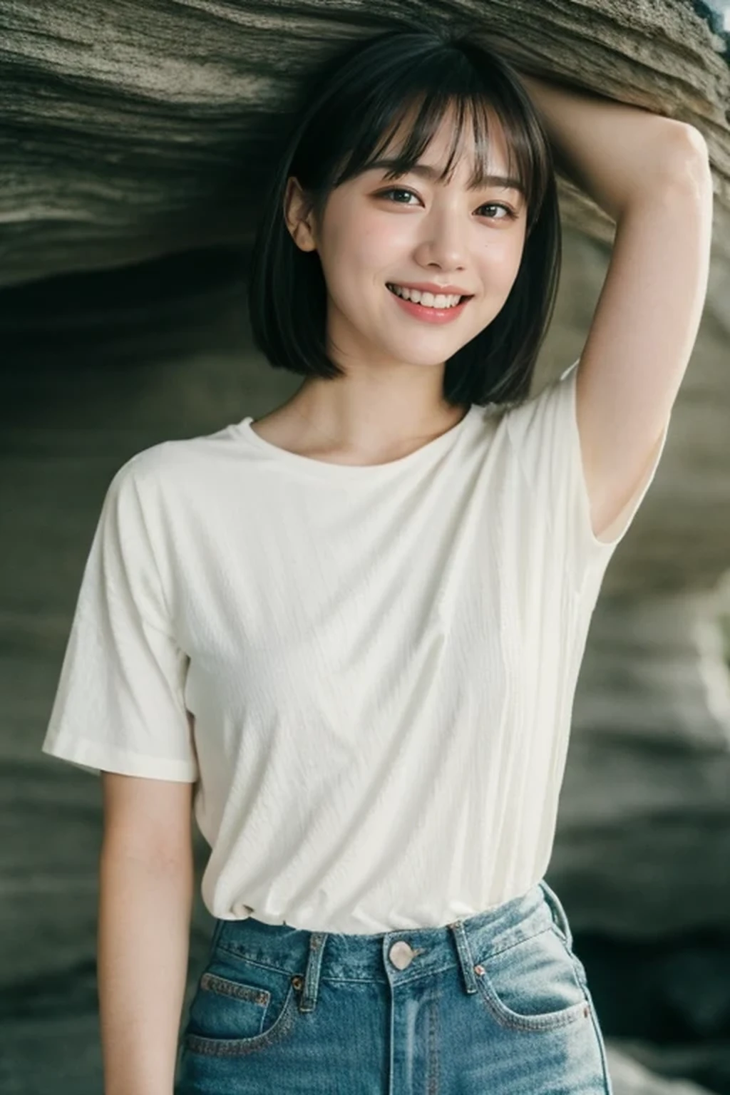 photograph of a woman, textured skin, goosebumps, white t-shirt with jeans, cowboy shot, dark and mysterious cave with unique rock formations and hidden wonders, perfect eyes, (candlelight, chiaroscuro), Porta 160 color, shot on ARRI ALEXA 65, bokeh, sharp focus on subject, shot by Don McCullin, very short cut hair, smile, natural lighting