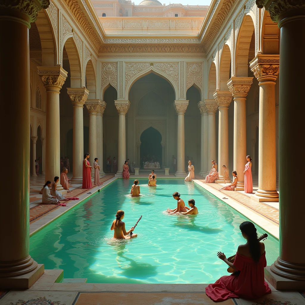 The heart of the harem palace is dominated by a large hot bath pool. This grand bathhouse is an architectural marvel, with its intricate mosaics and towering pillars of shimmering marble. Here, in this luxurious haven, the concubines gather, their silken robes discarded, their bodies immersed in warm waters infused with the delicate fragrance of petals. Some engage in leisurely swimming, their graceful movements causing gentle ripples across the water's surface. Others prefer to sit by the poolside, their fingers dancing on the strings of lutes or guiding the soft breathy notes from flutes, filling the air with sweet melodies.