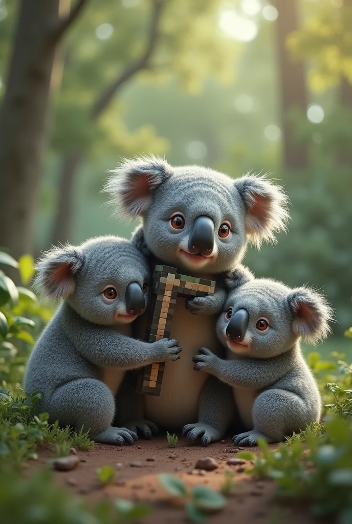 Group of koalas with a Minecraft pickaxe
