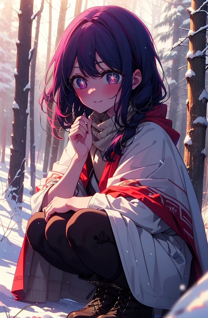 aihoshino, Ai Hoshino, Long Hair, bangs, (Purple eyes:1.1), Purple Hair, (Symbol-shaped pupil:1.5), smile,,smile,blush,white breath,
Open your mouth,snow,Ground bonfire, Outdoor, boots, snowing, From the side, wood, suitcase, Cape, Blurred, , forest, White handbag, nature, Squat, Mouth closed, Cape, winter, Written boundary depth, Black shoes, red Cape break looking at viewer, Upper Body, whole body, break Outdoor, forest, nature, break (masterpiece:1.2), Highest quality, High resolution, unity 8k wallpaper, (shape:0.8), (Beautiful and beautiful eyes:1.6), Highly detailed face, Perfect lighting, Highly detailed CG, (Perfect hands, Perfect Anatomy),