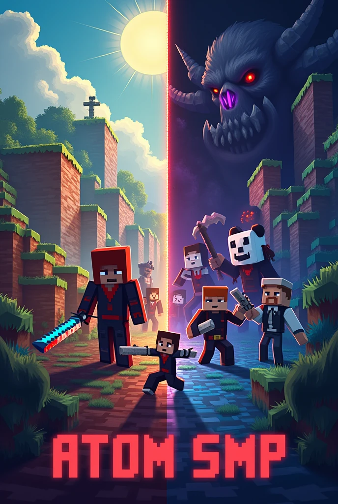 Make a poster where on one side of the poster is the poster of the normal world of Minecraft and on the other side is the poster of the end world of Minecraft, and from the normal world there is a person with two bloody scythes and Assassin's clothes, a boy with a blue hoodie and a big blue sword in his hand and A man in a sausage suit and a king's crown and a panda man with a gun and a smiling man and a boy with stone gloves and on the other side of the poster at the end of the Endermen's strange entities and a man with one purple eye and a A muscular man in a vest and a man in a sausage suit with a king's crown on his head and under the poster with large and attractive text that can be seen in the first line says ATOM and in the second line says SMP and all the people inside the poster have a face They are masculine, and there is a man wearing a dress on the left side of the picture and a man with black hair and a purple eye on the right side, they are looking at each other, and all the characters in the poster are Minecraft and cube.