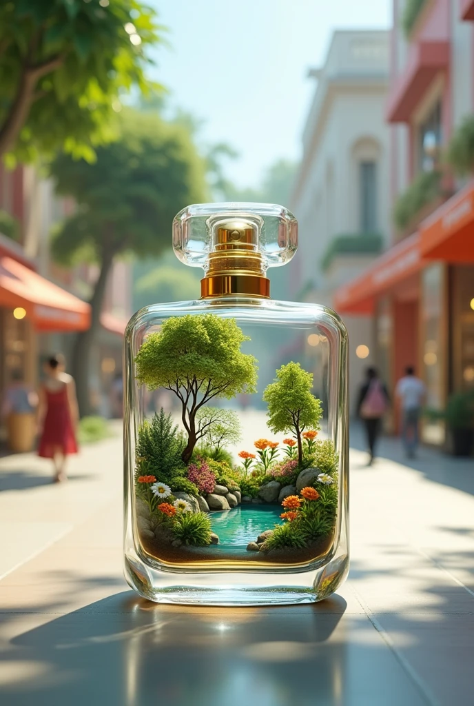 85K high definition image is realism and light and clear environment of a transparent perfume bottle and inside it a botanical garden with many flowers like jasmine.Magnolia trees, bushes and a mini lake representing a flowering forest. This perfume bottle has a lid with gold details. In the background of the image is a store window with various perfumes in a busy shopping mall.