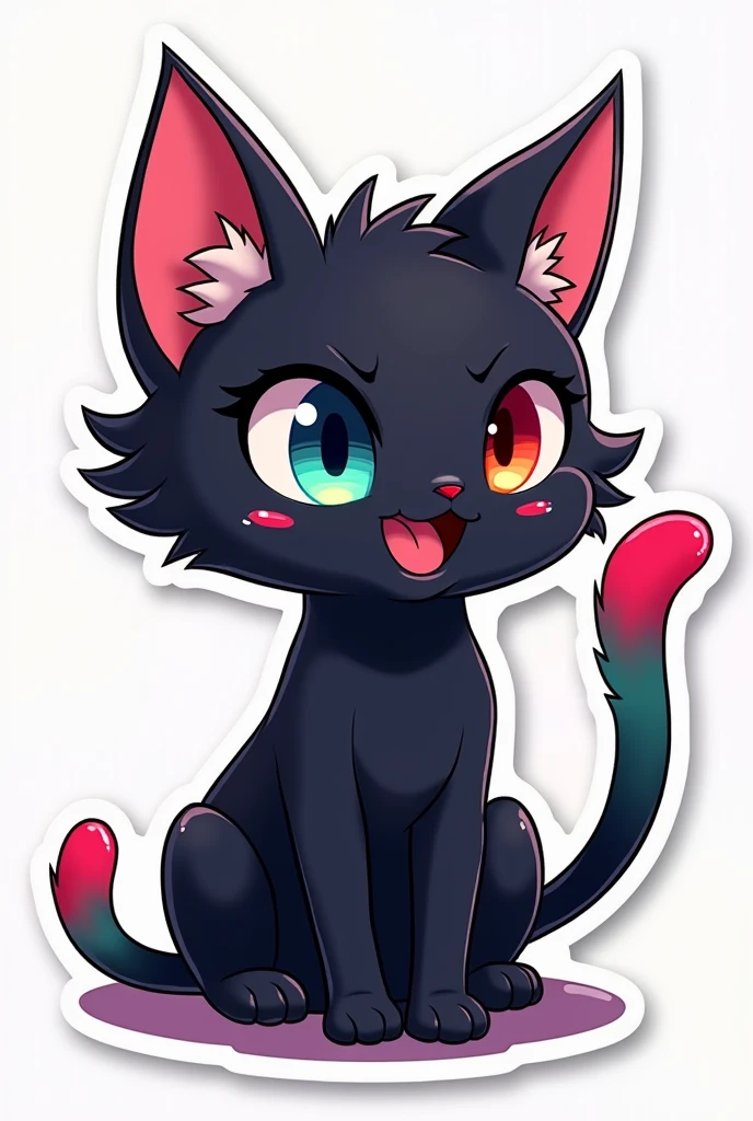 Hot Black cat with bluered eyes and crimson red and green tail and pink ear cartoon anime sticker