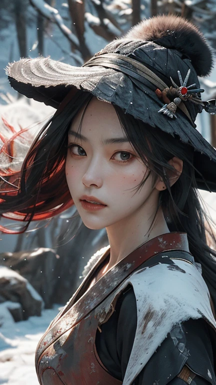Create a dynamic close-up portrait of a samurai woman in a weathered, broad sedge hat, caught mid-action as she executes a powerful katana strike. The focus is on her intense expression, with sharp, determined eyes partially visible under the shadow of her hat. The katana slices through the icy ground in front of her, sending shards of ice flying in all directions, some of them disintegrating from the sheer force. Her red armor glows subtly in the light of the setting sun, with rays piercing through the ice forest behind her. Her billowing linen cape, frozen in motion, adds a sense of drama. The depth of field should blur the background slightly, emphasizing the photorealistic details of her face, the intricate design of her armor, and the sharpness of the katana. The scene should have a fantasy feel, blending realism with anime-inspired aesthetics, highlighting the beauty and power of the samurai woman.