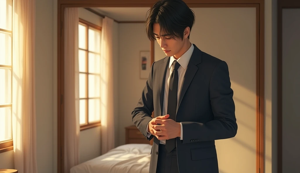 A Japanese salaryman getting dressed in a suit in a bedroom. The scene is realistic, with morning light streaming into the room. The salaryman is in the moment of putting on his suit, with a mirror or closet visible in the background. The setting features a simple Japanese-style bedroom with a natural, lived-in feel