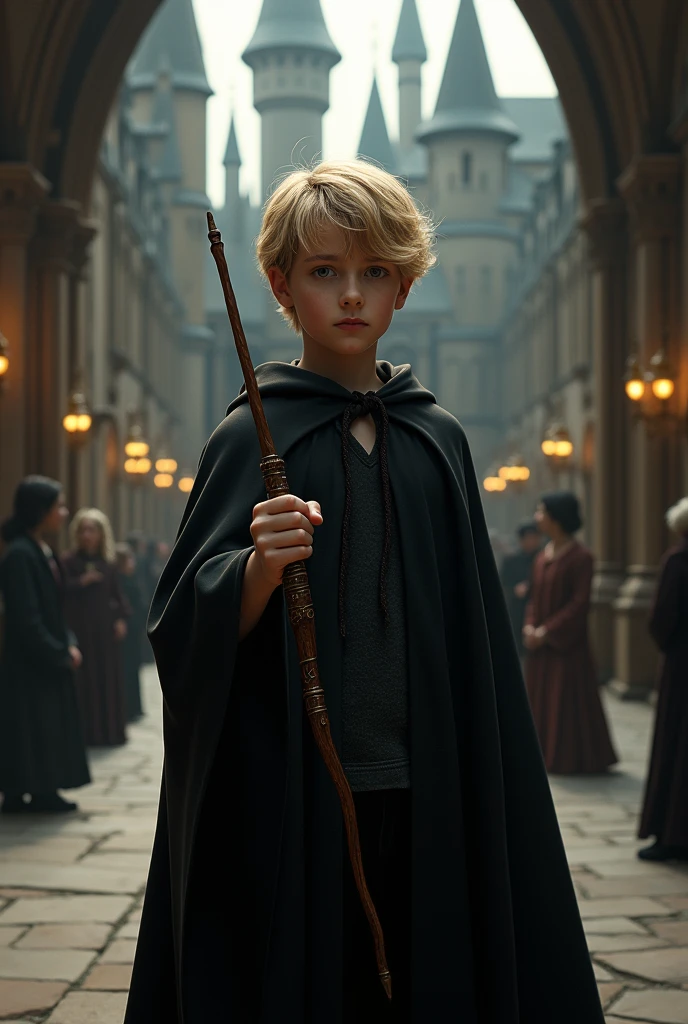 A boy with blonde hair, wearing a black cloak and holding an 8 inch wand at Hogwarts.