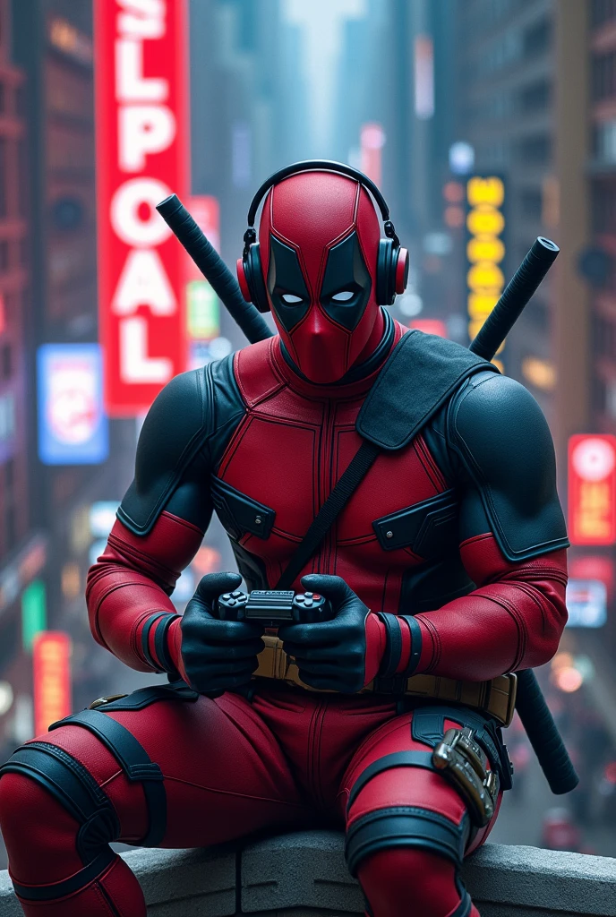 Dead pool with headphones gamesman on top of a big name POOLSTORE in the background with cr7 and lionel messi