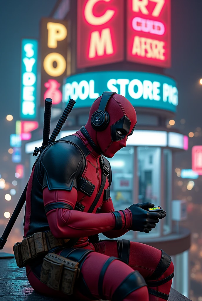 Dead pool with headphones gamesman on top of a big name POOLSTORE in the background with cr7 and lionel messi