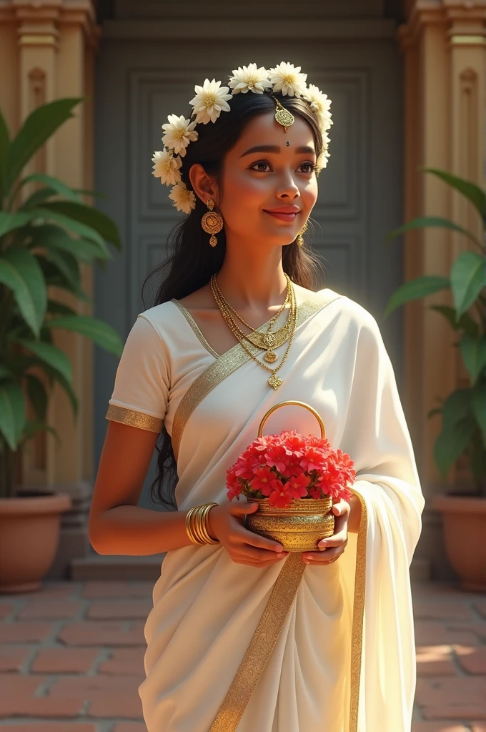 Kerala girl standing wearing  white traditional saree and having a white garlet on her head with white small flowers and holding a small hanging basket made with gold filled with red flowers of visiting to kerala temple 