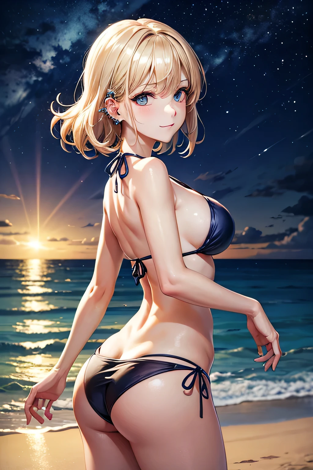 realisitic、top-quality、 1 人、25-years old、Light colored hair、piercings、Shy face、Fancy Bikini、beautiful exypose、s ass、night sandy beach、Particles of light、profetional lighting、blue open sky、Beautiful