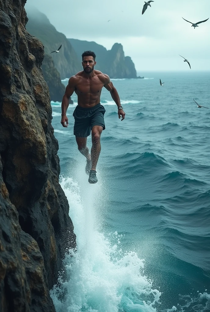 A man diving from cliff in to sea