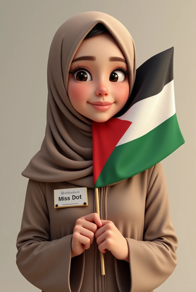 Cute malaysian girl with hijab holding palestine flag with nametag Miss Dot