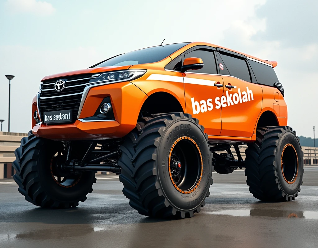 Toyota Vellfire orenge color , white stripe logo "bas sekolah" monster truck concept. Big tyre. Modified. Look amazing. Realistic.