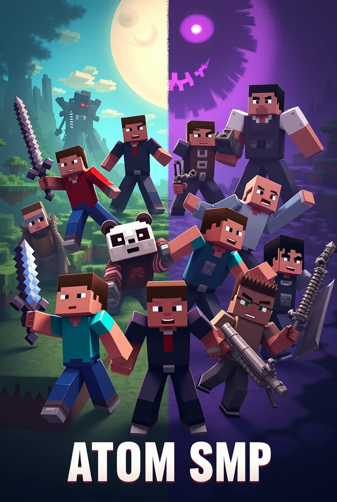 Make a poster where on one side of the poster is the poster of the normal world of Minecraft and on the other side is the poster of the end world of Minecraft, and from the normal world there is a person with two bloody scythes and Assassin's clothes, a boy with a blue hoodie and a big blue sword in his hand and A man in a sausage suit and a king's crown and a panda man with a gun and a smiling man and a boy with stone gloves and on the other side of the poster at the end of the Endermen's strange entities and a man with one purple eye and a A muscular man in a vest and a man in a sausage suit with a king's crown on his head and under the poster with large and attractive text that can be seen in the first line says ATOM and in the second line says SMP and all the people inside the poster have a face They are masculine, and there is a man wearing a dress on the left side of the picture and a man with black hair and a purple eye on the right side, they are looking at each other, and all the characters in the poster are Minecraft and cube.