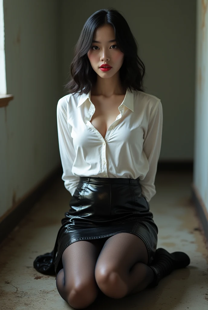 ((Slender, Red lips with lipstick))　Slender body　Thin face　Asian、Heavy makeup　Well-shaped breasts　Plump　Shoulder-length black hair、Slightly wavy hair　((Looking into the camera))　Frightened face　Spread your legs座る　((White button-down shirt with black patent leather skirt and black stockings))　Both the shirt and skirt are dirty.　Sweaty skin and breasts　Spread your legs (Full body photography,8k images、Young Japanese Woman、Transparent white skin、Erotic woman、Dirty West Prison Concept Studio, Kneeling with legs spread, Look forward, stunning figure, Sports competition, There are traces of rape、Spreading thighs、Legs open、My hair and body are wet.、The expression of a reluctant woman、Man behind、Spread your legsいる　Hands tied behind your back、Her shirt and skirt are torn、The skirt is torn near the right thigh、Thighs are exposed、Her shirt is torn and her bust is visible　Slender body型、Face and body are wet、