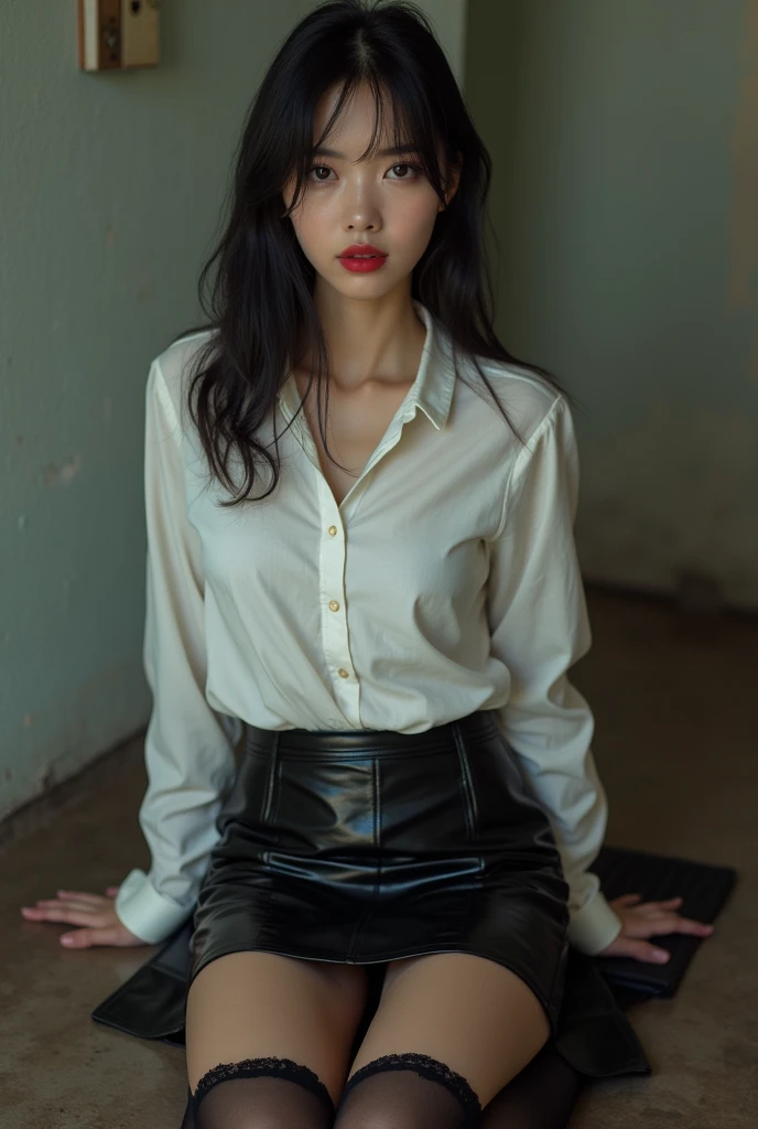 ((Slender, Red lips with lipstick)) Slender body Thin face Asian、Heavy makeup Well-shaped breasts Plump Shoulder-length black hair、Slightly wavy hair ((Looking into the camera)) Frightened face Spread your legs座る ((White button-down shirt with black patent leather skirt and black stockings)) Both the shirt and skirt are dirty. Sweaty skin and breasts Spread your legs (Full body photography,8k images、Young Japanese Woman、Transparent white skin、Erotic woman、Dirty West Prison Concept Studio, Kneeling with legs spread, Look forward, stunning figure, Sports competition, There are traces of rape、Spreading thighs、Legs open、My hair and body are wet.、The expression of a reluctant woman、Man behind、Spread your legsいる Hands tied behind your back、Her shirt and skirt are torn、The skirt is torn near the right thigh、Thighs are exposed、Her shirt is torn and her bust is visible Slender body型、Face and body are wet、