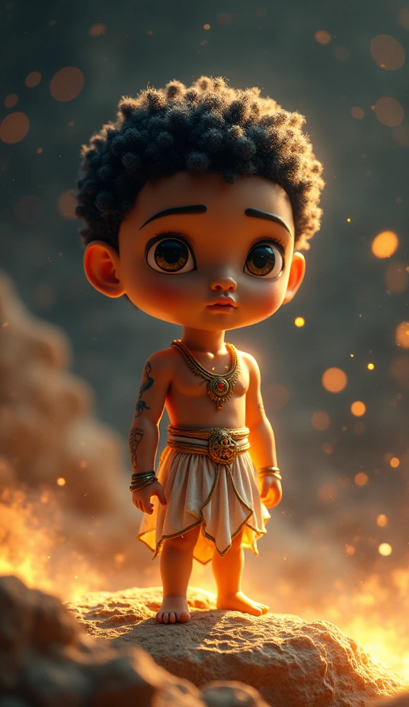 Create an image of Atum as the creator god in Egyptian mythology. Atum is a male figure around 4 with smooth golden-brown skin and piercing dark amber eyes. His hair is short, curly, and black, with a hint of gray. His face shows divine authority and creation. Atum is depicted at the top of a primordial mound, with a cosmic background. Use masterpiece, best quality, CG, wallpaper, HDR, high quality, ultra detailed face, cinematic, high detail, 8k, raw, high, artstation HQ, unreal engine, octane renderer, 4k resolution, hyperrealistic, highly detailed, and absurdres settings