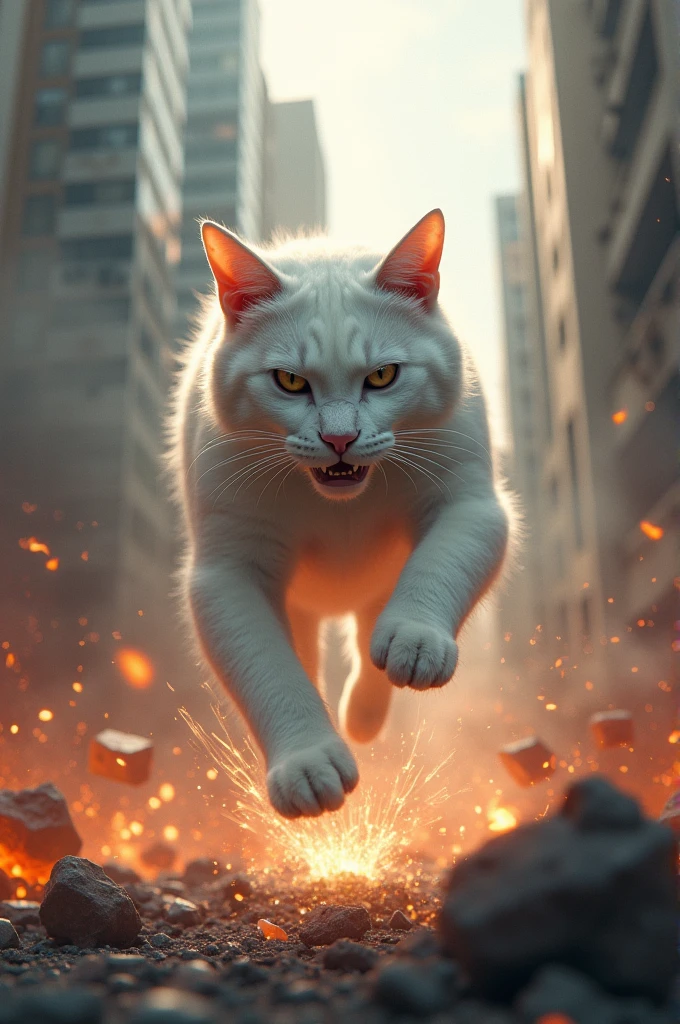 Leaping into Action:
Scene: The White cat hero is captured mid-leap, soaring through the air with claws extended and muscles tensed, ready to strike. The background is a cityscape in the midst of chaos, with towering buildings and a few on fire. The cat’s expression is fierce and focused, with its eyes locked on a distant target. The image should emphasize motion and energy, showing the cat as a dynamic, unstoppable force.