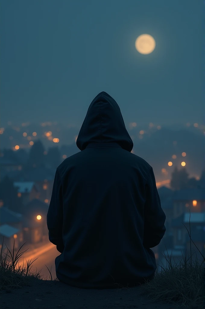 A man sitting in a black hooded jacket and in the distance a small town at night 