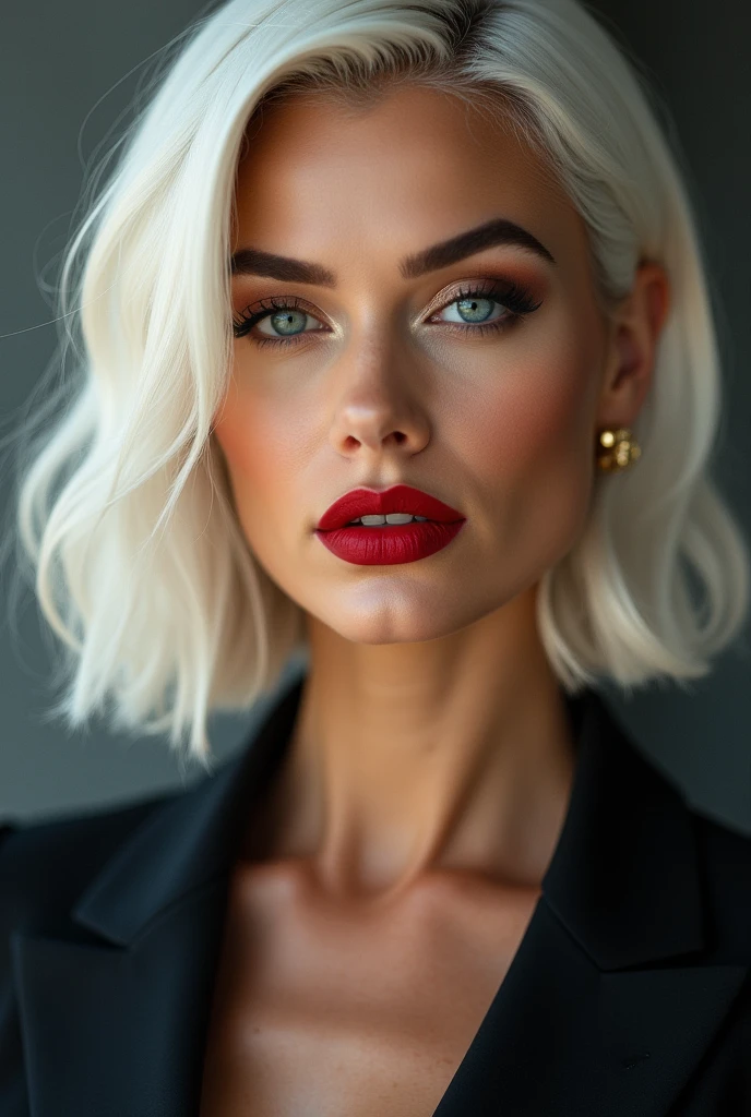 woman, white hair modern cut reddish brown, light eyes, full lips, wearing red lipstick, strong makeup, with an air of power, wearing a suit close up.