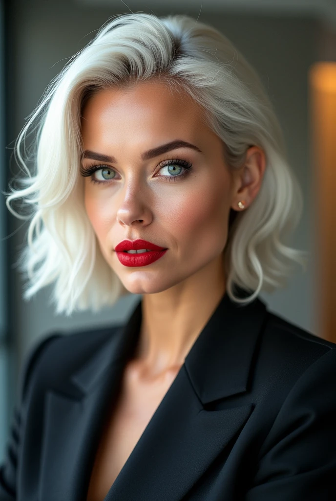woman, white hair modern cut reddish brown, light eyes, full lips, wearing red lipstick, strong makeup, with an air of power, wearing a suit close up.