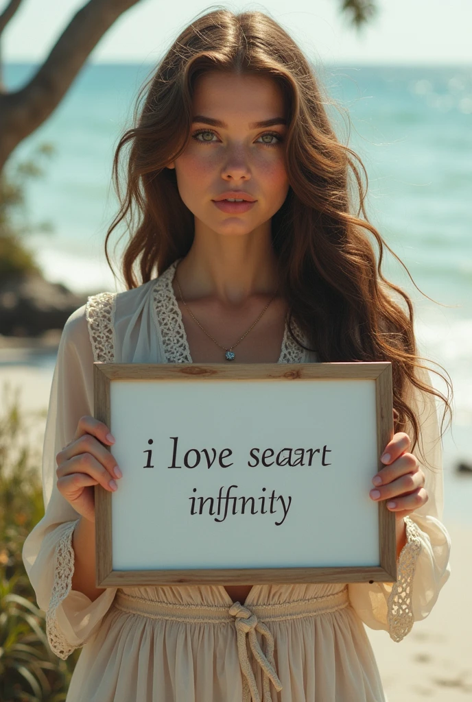 Beautiful girl with wavy long hair, bohemian dress, holding a white board with text "I Love Seaart Infinity" and showing it to the viewer