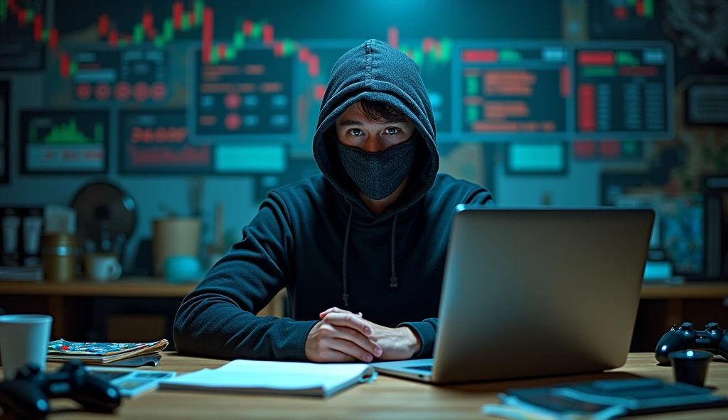 A photo of a man wearing a mask , sitting at a table. The table has a laptop, a book, and a cup. The background contains a stock market screen, anime posters, and gaming controllers. Eye contact with viewer