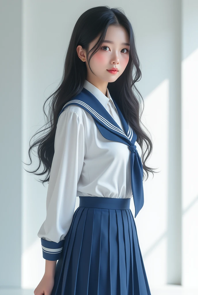 Korean girl with long dark hair, with white and blue school uniform