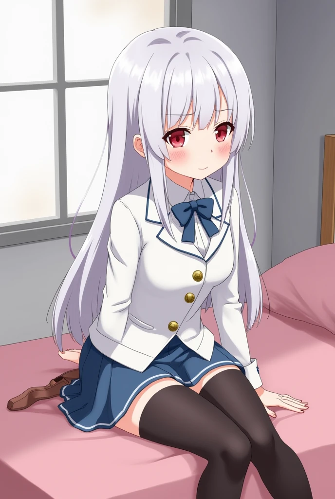 an anime girl, white skin with straight white hair down to the waist, with red eyes, small chest, in a school uniform consisting of a white shirt and on top of that a white jacket with gold fastened leaving the top two buttons undone and a blue bow tied around the collar of the shirt, black thigh high stockings ,a blue skirt, Brown shoes, with a shy smile, sitting on her bed with pink sheets ,the grey back wall and a window .