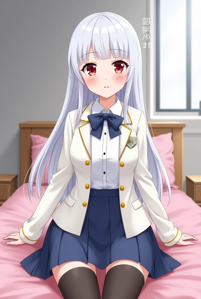 an anime girl, white skin with straight white hair down to the waist, with red eyes, small chest, in a school uniform consisting of a white shirt and on top of that a white jacket with gold fastened leaving the top two buttons undone and a blue bow tied around the collar of the shirt, black thigh high stockings ,a blue skirt, Brown shoes, with a shy smile, sitting on her bed with pink sheets ,the grey back wall and a window .