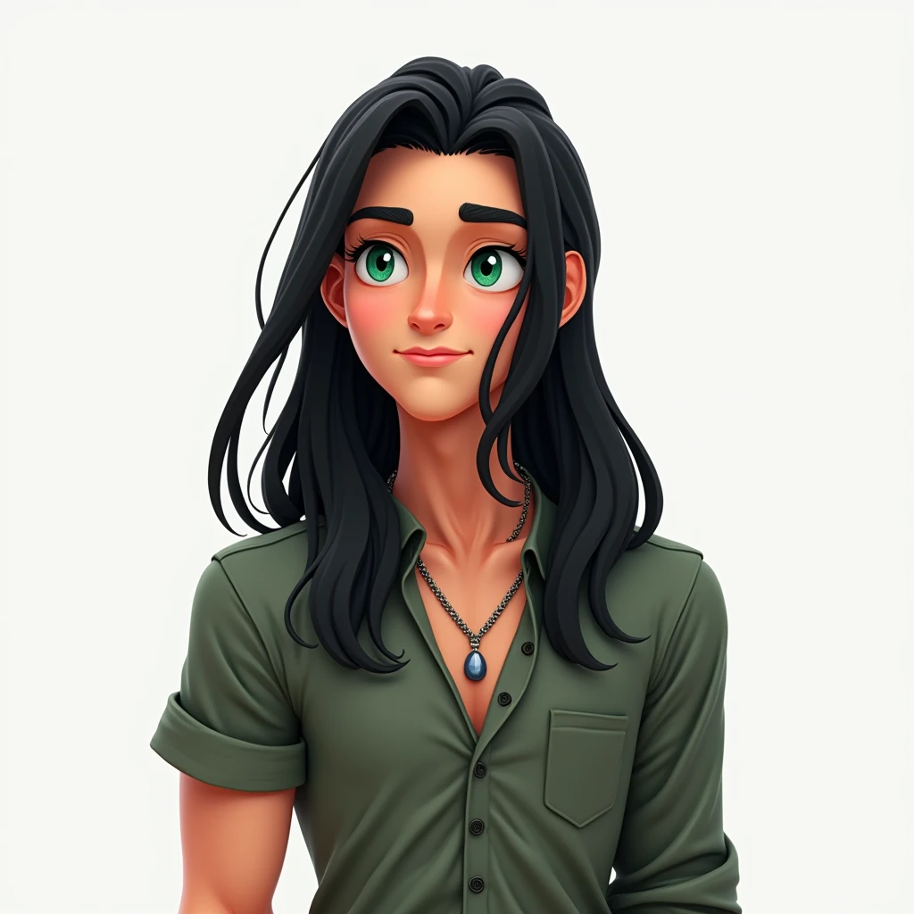 3D illustration of A male with long black hair, lean body type, emerald green eyes,