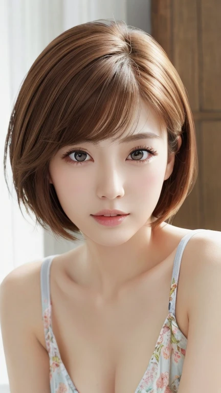 masterpiece、highest quality、High resolution、Tabletop、wallpaper、Realistic、Bright lighting、Professional Lighting、Face Light、Smooth lighting、Japanese women、Adult、Beautiful woman、action、gravure、sexy、poor、so beautiful、Beautiful Skin、Beautiful and detailed、Detailed face、slim、Moderate、short hair、Brunette colored hair、Brown eyes、Looking at the camera