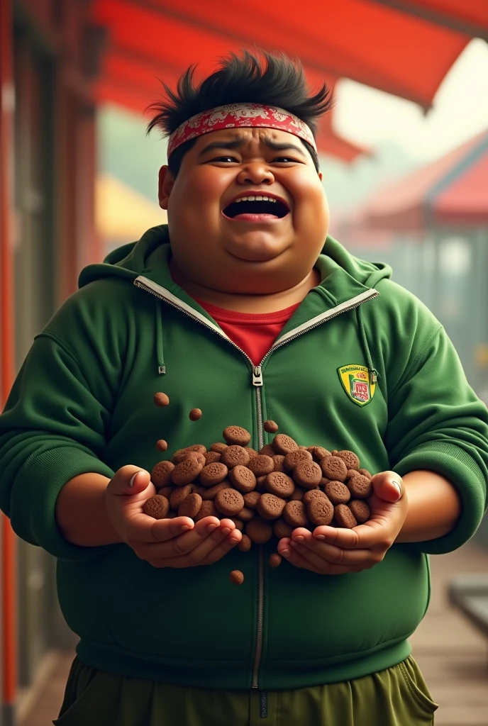 Nepal Malaysia dark skin man. a young real teenage age . 19 Malaysia Indonesia. eyes detail. Anger face. Open mouth. . wearing handband( red white white ) zip-up shirt, (green red stripe. )oval body shape big belly fat, chubby fac . Dramatic.green sweater, detailed face, cinematic lighting, dramatic atmospheric. Hot day. At restaurants. vibrant colors, 8k, high quality, photorealistic. Hero suit.lot of Food come from his hand. Green cargo pant. Lot of the chocolate cookies shape love in mouth. Sad face.