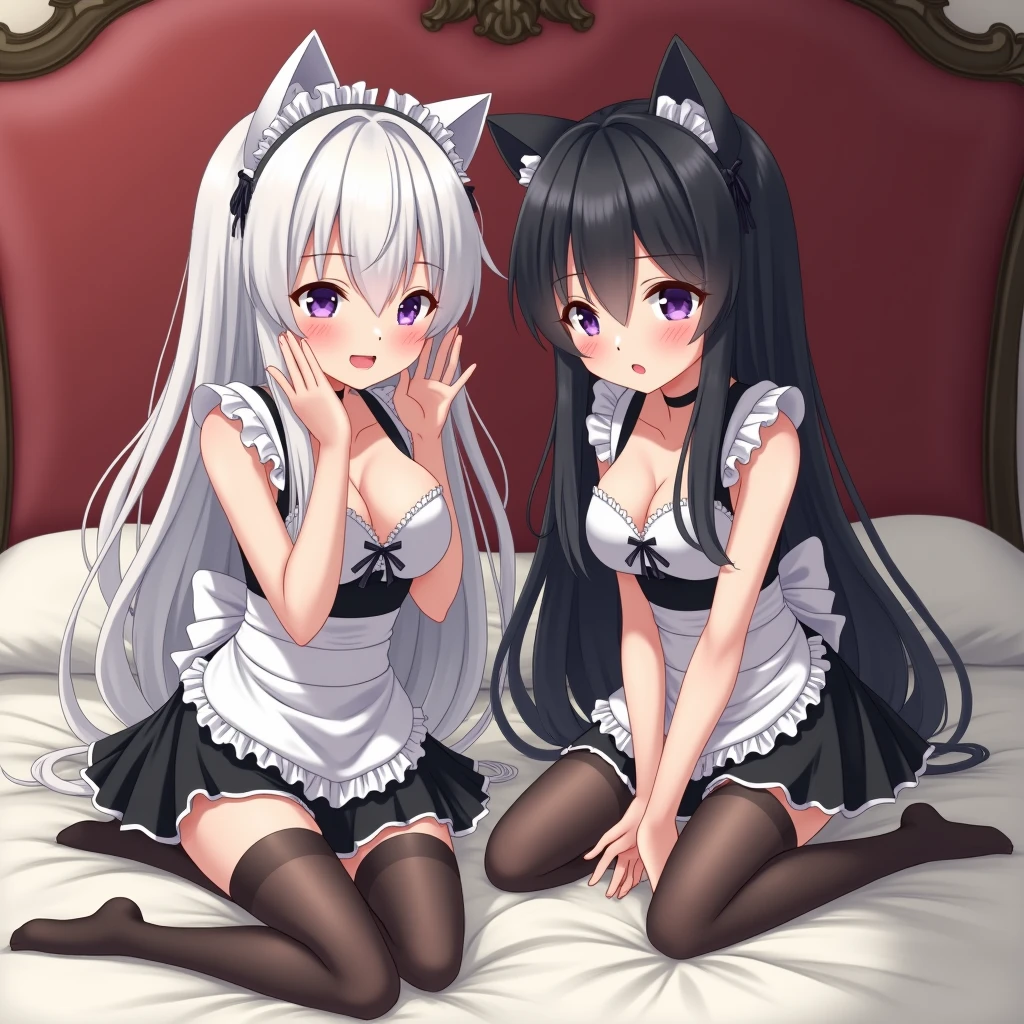 Two small catgirl maids are lying on the bed in an attractive pose. They are embarrassed, blushing and looking away. One of them has long white hair, the other has long black hair.They are wearing black translucent stockings.