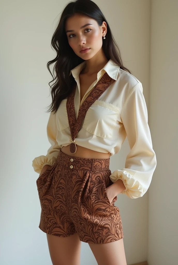 European woman model wearing a short skirt and blouse set with fabric with brown baroque embossed details 