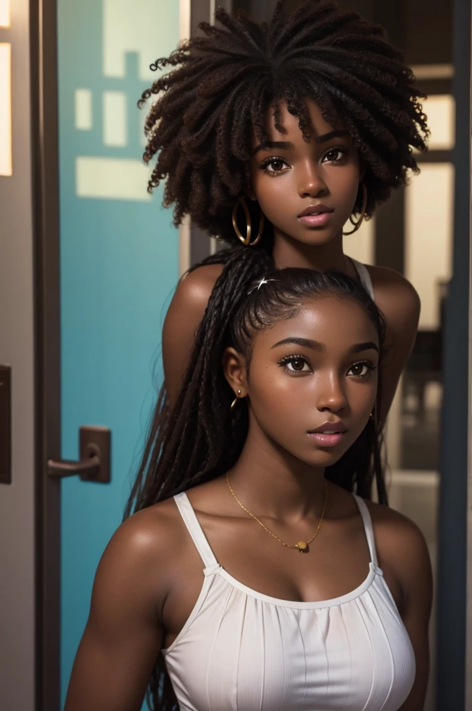 cute hair, chocolate skin, ager, beautiful face, deep ebony, showing big breasts, SFW, upper body afro beauty