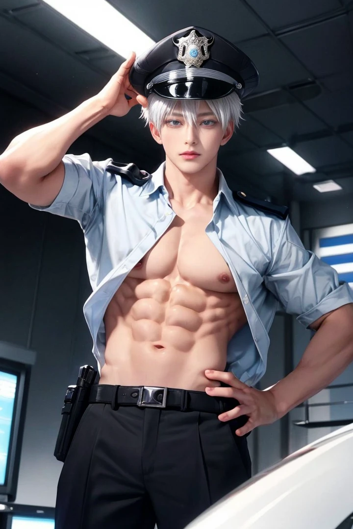 1 male handsome, Japanese male model, high resolution 4k, adult, perfect face, detailed eyes and face, muscular, white eyebrows, white eyelashes, Naked torso, Detailed face, perfect face, real skin texture, detail Perfect hand, details, Real and complete hand details, unreal engine, hd picture, satoru gojo, jujutsu kaisen, white hair, short hair ,hair between eyes ,blue eyes, white skin, police uniform, police hat