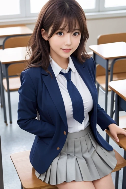 8k, Highest quality, The true picture, Intricate details, Very detailed, Ultra-high resolution, Depth Field,(Realistic,Realistic:1.2), From the side, One of the Japan, A very beautiful person, Big eyes, Beautiful breasts:1.5、Very detailedな目:1.2), (Beautiful breasts:1.1), (Small breasts), Wavy Hair、Curly Hair、bangs, Perfect Skin, Fair skin, (Big Hips:1.3), (Thick thighs:1.3), (Thick legs:1.3), Tight waist, Slightly reddish, alone, Looking at the audience, (smile:1.1), ((School_uniform),(Dark Blue Blazer), (White shirt、Wear a tie), (Grey pleated skirt), (Sculptural installation :1.1), break, (During class:1.2), In a high school classroom, Take a seat