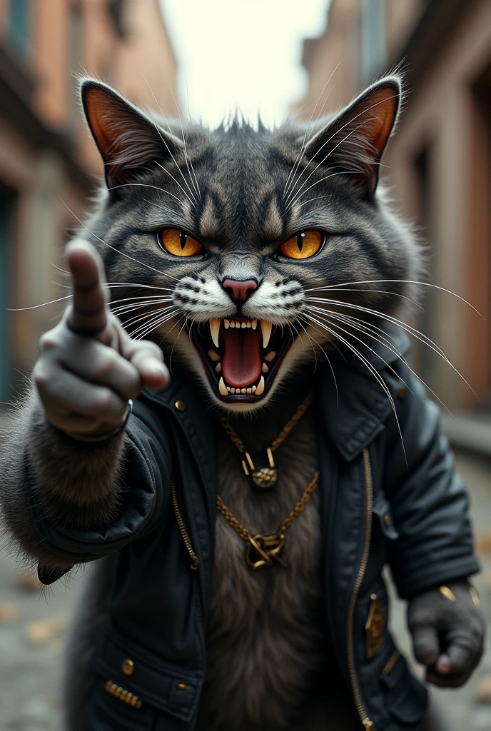 Create a cat with an aggressive attitude, rock n roll and making the fuck you sign with his hand