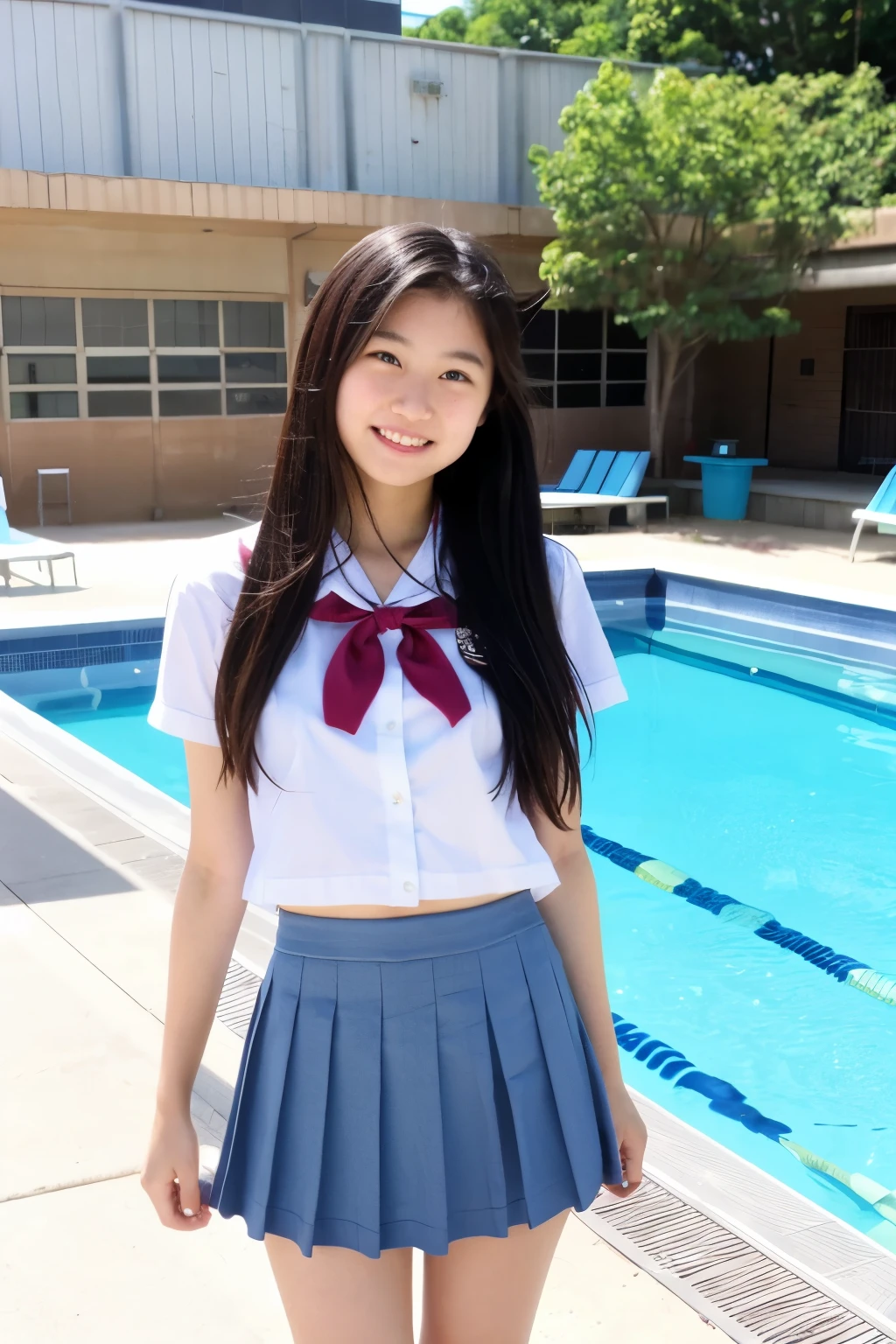 The empty school poolside、Japanese high school girls、one piece、Standing barefoot、Long black hair、Cute face、Smiling、Full body portrait