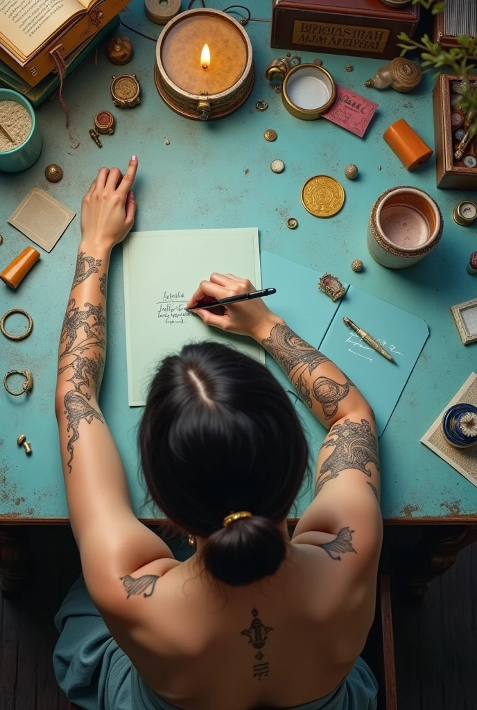 An overhead view of a woman writing on her arm with sea animal tattoos and a cluttered pastel or watercolor planet desk