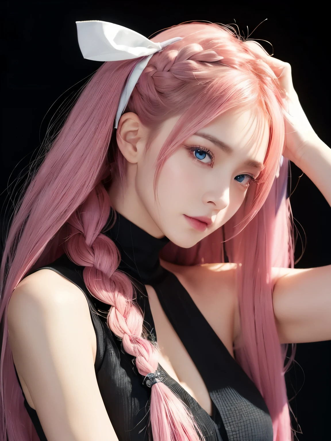She has long, flowing pink hair、The intricate braids and hairpins give it a dynamic look.。The hairstyle frames her delicate face.、Her blue eyes stand out, exuding a gentle yet confident expression.。She is wearing a black sleeveless outfit.、It has purple accents and a large bow around the waist.。The matte texture of this outfit、It contrasts beautifully with her shiny hair.。The characters are posed in a relaxed yet seductive manner.、Raise one arm behind your head、Gently support your elbow with your other hand。Her skin is smooth and white、The soft lighting highlights the contours of the arms and face.。The background is a subtle dark gradient.、It exudes a calm yet intense atmosphere with the focus entirely on the characters.。