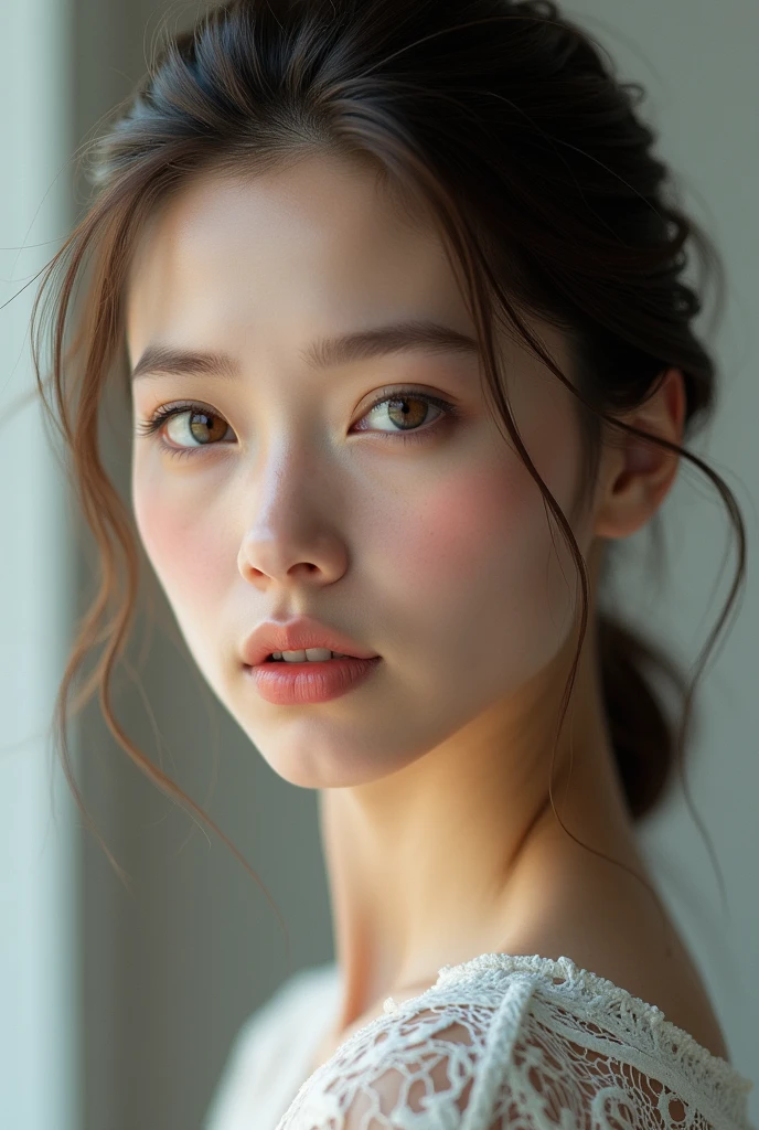 head of'artwork, best quality, ultra realistic, super detailed, 8k resolution, photo brute, sharpness, (1fille), bare, beautiful face, , 24 ans, portrait , Hair back,